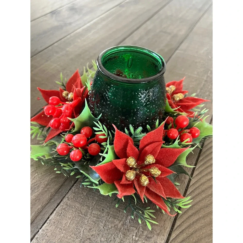Vintage Christmas Welcome Lite Poinsettia Candle Holder Green Glass HongKong